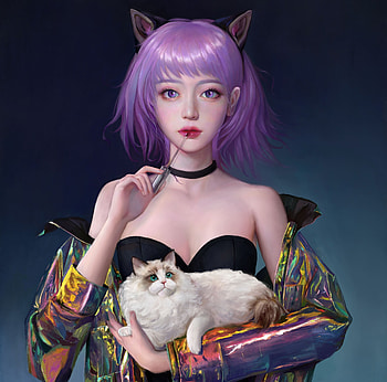 Girl with cat, luminos, girl, cat, hair, tasma, frumusete, gorgeous, superb, purple, pink, fantasy, pisici HD wallpaper