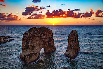 Raouché, Beirut, rocks, sea, sunset HD wallpaper