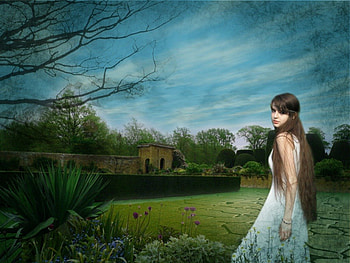 Fantasy, lady, house, tree HD wallpaper