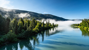 Beautiful Greenery Scenery Nature View Of Trees Forest Mountains With Fog Under Blue Sky Reflection On Lake Nature HD wallpaper