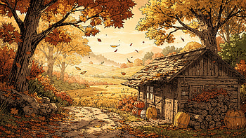 Rustic Fall: Golden Cottage & Harvest Fields, Cabin, Pumpkin, Autumn, Tree, Landscape HD wallpaper