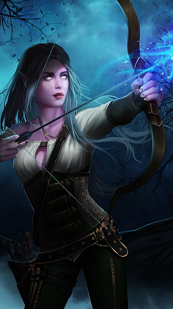 long hair, blue hair, archer, night, elf, bow, video game, World of Warcraft HD phone wallpaper