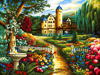 A castle in summer, colorful, reflection, fountain, trees, castle, pond, art, path, garden, beautiful, lake, summer, swans, pretty, paintning, flowers, willow, lovely, forest HD wallpaper