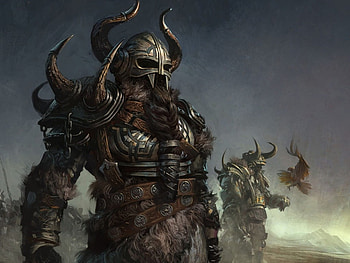 warrior, scythe, horns, a warrior, fantasy, , a beard, hat HD wallpaper