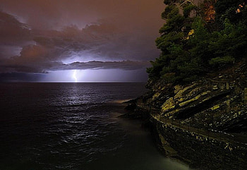 The Long and Winding Road, horizon, lightening, clouds, trees, ocean HD wallpaper