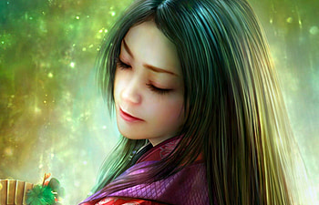 Kuzumohime (detail), art, brunette, girl, woman, pink, fantasy, green, yellow, autumn, Kuzumohime, shu HD wallpaper