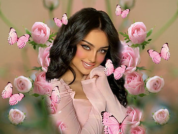 Delicate Pink, butterflies, pink, black, green, beautiful, girl, flowers, lovely, delicate HD wallpaper