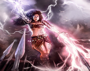 Fighting A Witch, tattoos, lighting, spears, witch HD wallpaper