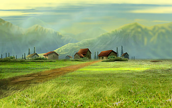 Landscape, Houses, Trees, Grass, Mountains HD wallpaper