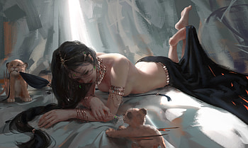 Aeolian playing with lion cubs, leu, aeolian, fantasy, cub, girl, princess, ghostblade, lion HD wallpaper