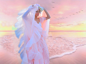 Delicate Walk On The Beach, yellow, girl, water, blue, white, soft, shore, pink, waves, delicate, lovely HD wallpaper