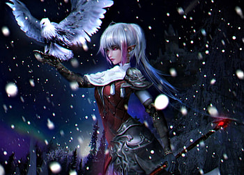 Guardian of the north mountain, winter, bird, art, girl, sangrde, elf, fantasy, snow HD wallpaper