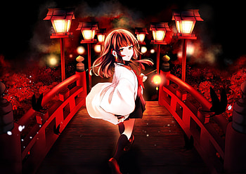 Anime girl, small bridge, outdoor, night HD wallpaper