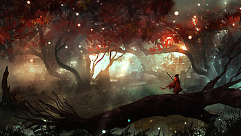 Firelfies, night, man, orange, firefly, fantasy, autumn, luminos, forest, tacosauceninja HD wallpaper
