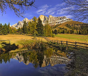 Autumn Lake Reflection - Dolomites, autumn fall, art , reflection, field, trees, beautiful, mountains, lake HD wallpaper