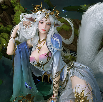 Kitsune, cgart, frumusete, cg, fantasy, vulpe, girl, fox HD wallpaper