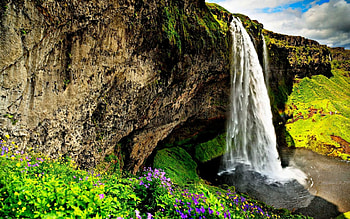 WATER FALLING into a LAGOON, nature wild flowers, landscape, clouds, waterfall, sky, mountains, splendor, rocks HD wallpaper