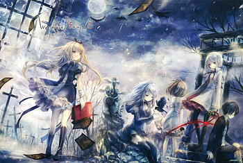 Onineko, raining, girls, birds, pages HD wallpaper