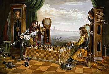 Michael Cheval - A la guerre comme a la guerre, art, man, surrealist, , play, painting, king, michael cheval, apple, chess, a la guerre comme a la guerre, clock, hat HD wallpaper