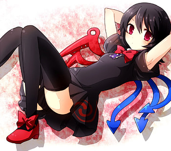 Houjuu Nue, skirt, wings, thigh highs, cute, red eyes, black hair, dress, moe, kawaii, anime, video game, touhou, bow HD wallpaper