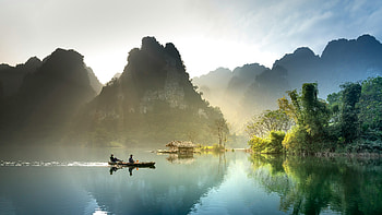 Misty Morning Boat Ride Through Karst Mountains, mist, morning, boat, mountains, lake, pond, trees, tree, nature HD wallpaper