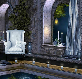 Dream, blue, pool room, candles, water HD wallpaper