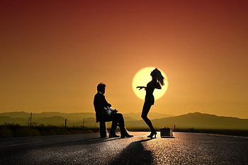 :-), black, dance, man, couple, orange, woman, silhouette, sunset HD wallpaper