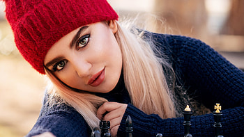 Closeup View Of Grey Eyes Beautiful Girl Model Is Wearing Blue Woolen Knitted Dress And Red Cap Girls HD wallpaper