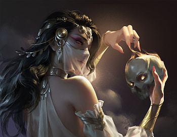 Necromancer, golden, bones, ckart, fantasy, skull, girl, ck HD wallpaper