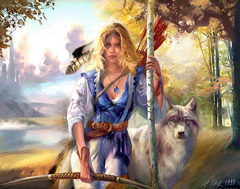 Native Lady with her Guardian, animal, guardian, sky, nature, Native, Lady, wolf, people HD wallpaper