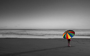 After the Rain, sea, umbrella, colorful, sand, sky, child HD wallpaper