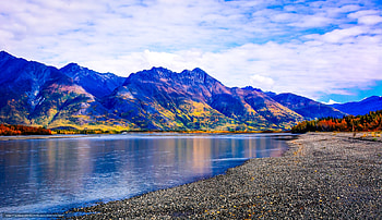 Riverside, clouds, sky, mountains, water HD wallpaper