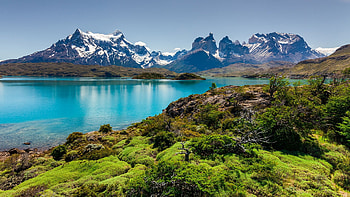 Torres del Paine National Park, Azure Lake Pehoe, Mountain backdrop, Windows 10 spotlight HD wallpaper