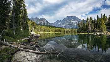 String Lake, Wyoming, lake, usa, tetons, clouds, trees, sky, mountains HD wallpaper