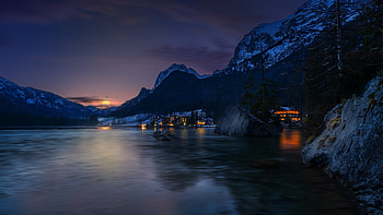 Night, hill town, coast, lake, mountains HD wallpaper