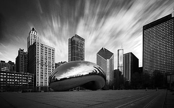 Black and White Chicago Skyline, Cloud Gate sculpture, Millennium Park, Sunrise beauty HD wallpaper