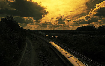 Sunset, Sky, Dark, , Drawing, Railway, Train, Oil, Oily HD wallpaper