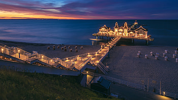 Germany Pier Ocean Under Blue Sky During Nighttime Travel HD wallpaper