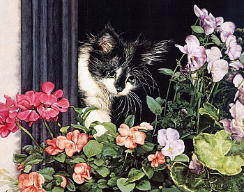 By Sueellen Ross, animal, kitten, sueellen ross, painting, art, flower, cat HD wallpaper
