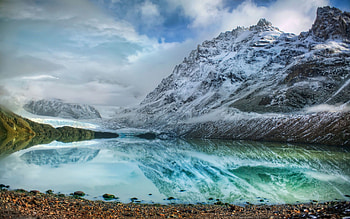 Nature, Stones, Mountains, Ice, Clouds, Lake, Reflection, Shore, Bank, Freshness, Cold, Icy HD wallpaper