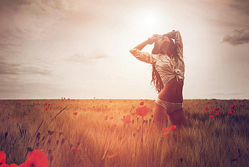 Poppies Dream, sexy, graphy, girl, beautiful, woman, poppies, poppy, field, nature, sensual, sunset HD wallpaper