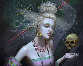 White Witch, lu yong, luyong, gorgeous, skull, girl, witch, hand, superb, halloween, jewel, purple, pink, fantasy, bones, frumusete, earrings, face HD wallpaper
