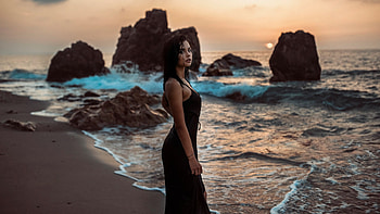 Girl Beach Looking At Viewer, girls, model, black-dress HD wallpaper