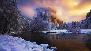 An atmospheric winter morning in Yosemite National Park, river, california, snow, clouds, trees, sky, mountains, usa, landscape HD wallpaper