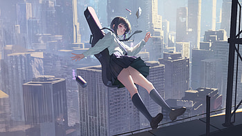 Anime School Girl With Guitar Falling From The Building, anime-girl, rain, artist, artwork, art, digital-art HD wallpaper