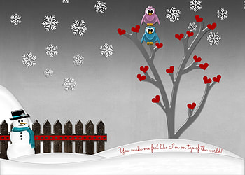 You Make Me Feel Like..., birds, Valentines, tree, Valentine, snowman, snowflakes, Valentines Day, fence, hearts, scarf, hat HD wallpaper