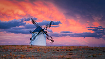 The Mill of Campo de Criptana, Spain, sky, windmill, colors, landscape, clouds, sunset HD wallpaper