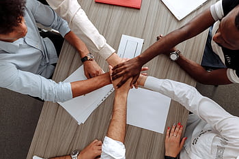 A diverse group of adults join hands in an office, symbolizing teamwork and cooperation. HD wallpaper