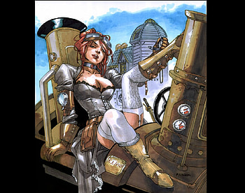 Steampunk Jean Grey, train, steampunk, fantasy, jean grey HD wallpaper