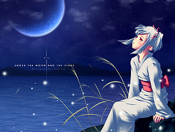 Waiting for the Loved one.., kimono, yukata, anime, love, waiting, girl, stars, moonrise HD wallpaper